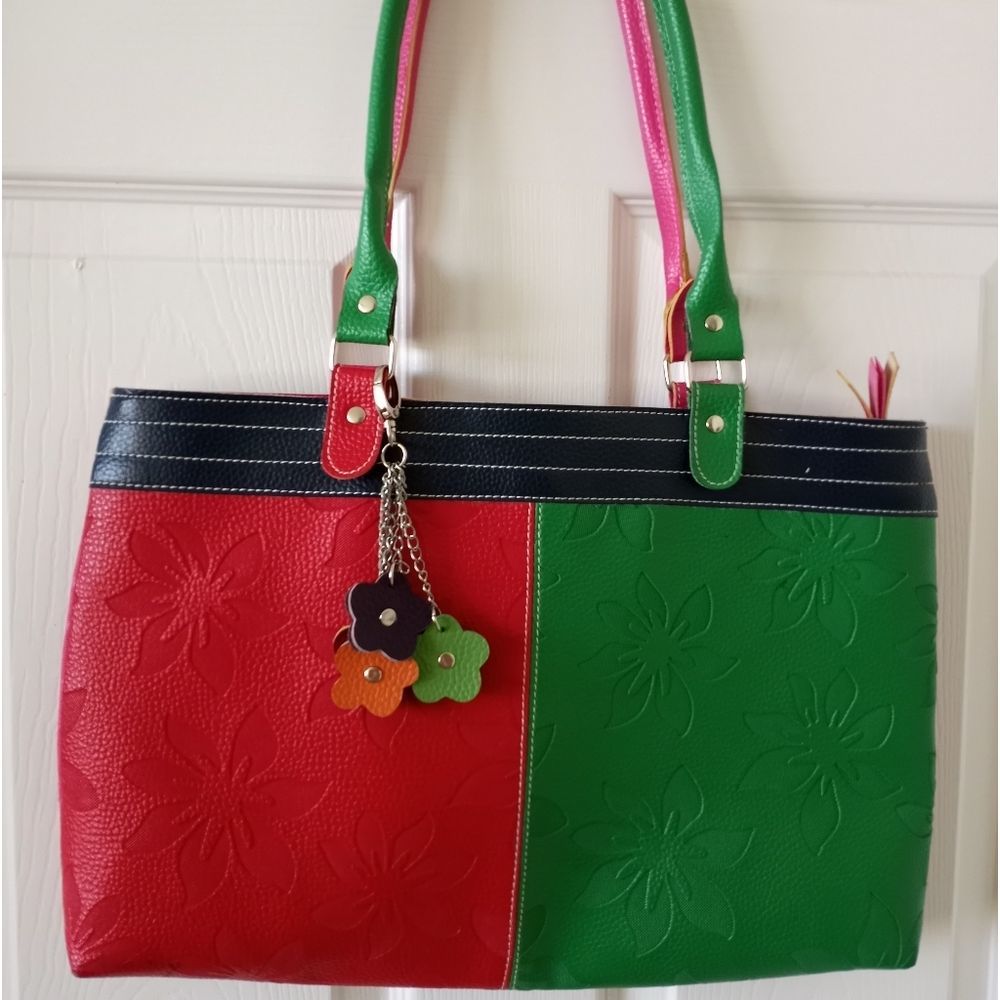 Source Unknown Red, Green and Black Floral Embossed Tote with Pink Accents
